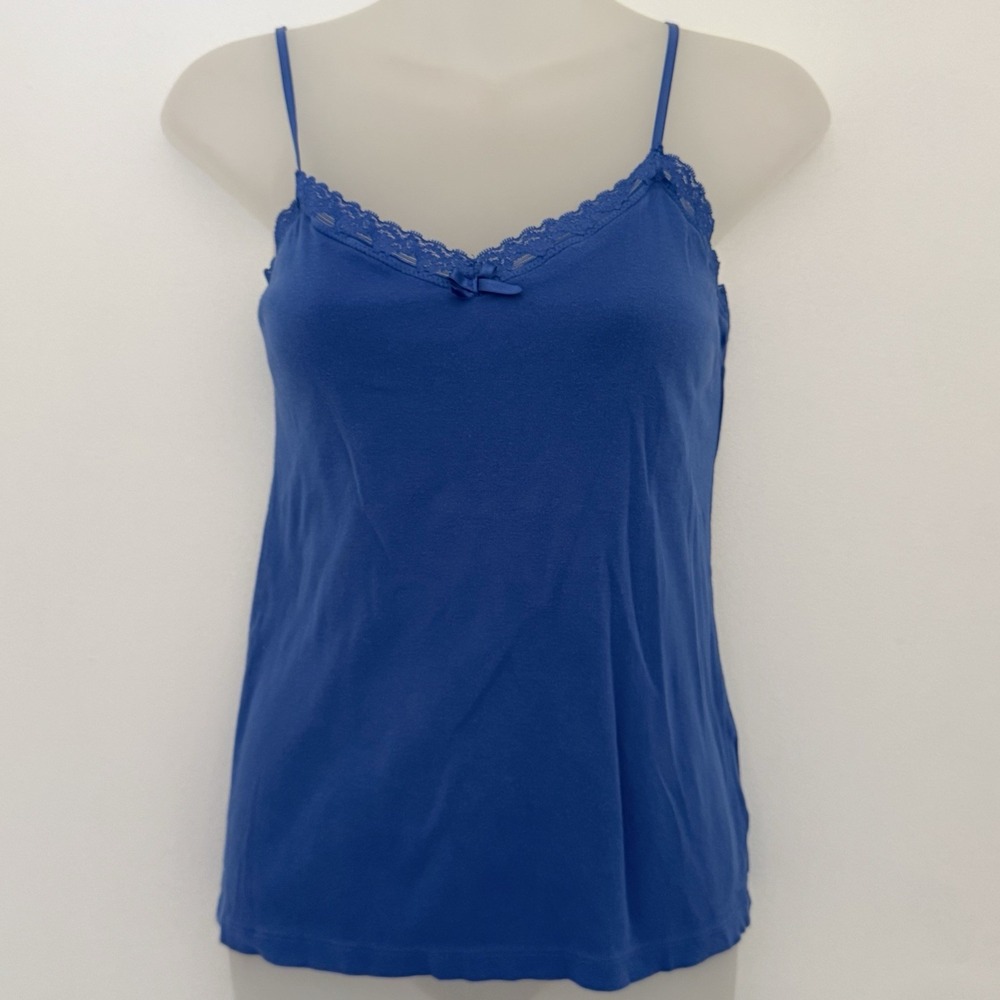 FADED GLORY Tank Top Womens L 12-14 Blue Y2K Fairy Lace Trim Y2K Stretch Preppy